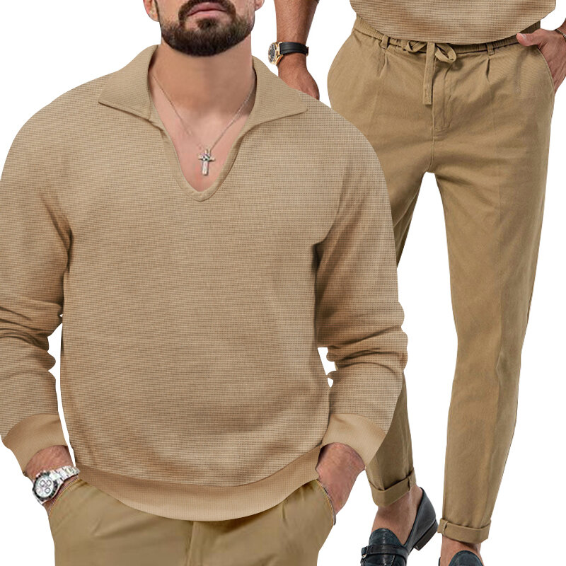 Top e calça casual de manga comprida com decote em v masculino, cor sólida, versátil, ao ar livre, novo, outono e inverno, conjunto 2 peças