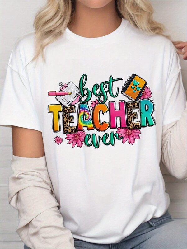 Best Teacher Ever Letter Print T-Shirt Big Size Oversized Short Sleeve Crew Neck Casual Top For Summer Women's Clothing