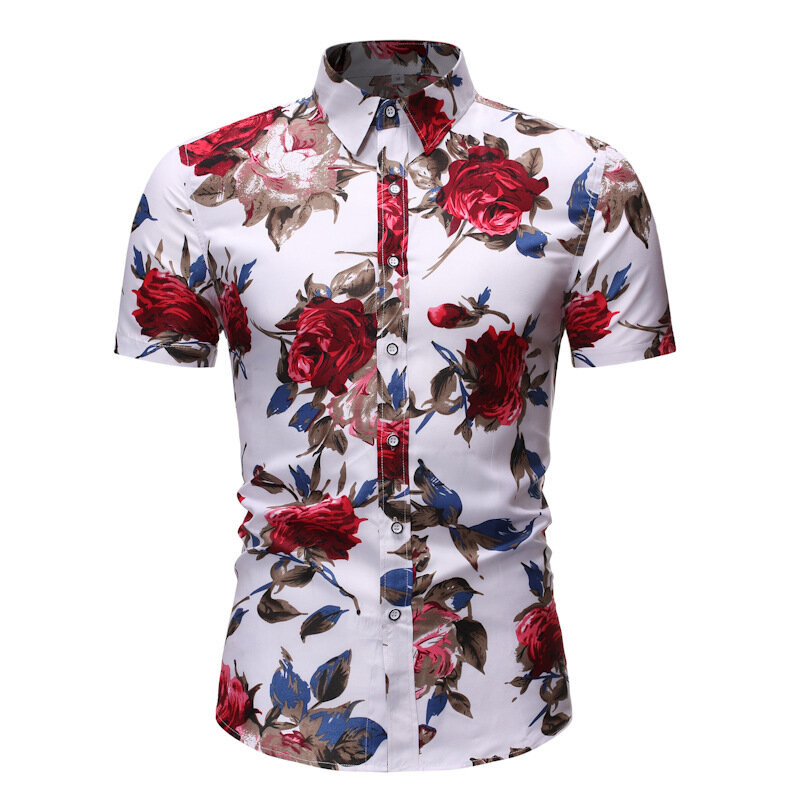 Camisa estampada tamanho grande masculina, camisa floral para lazer praia, lapela fina de manga curta, senso de design da moda, tops sem engomar, verão