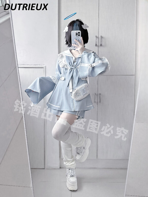 Japanese Style Mine Spring Ladies Lace Stitching Sleeves Coat Sweet Water Color Sailor Collar Dress and Base Shorts Suit