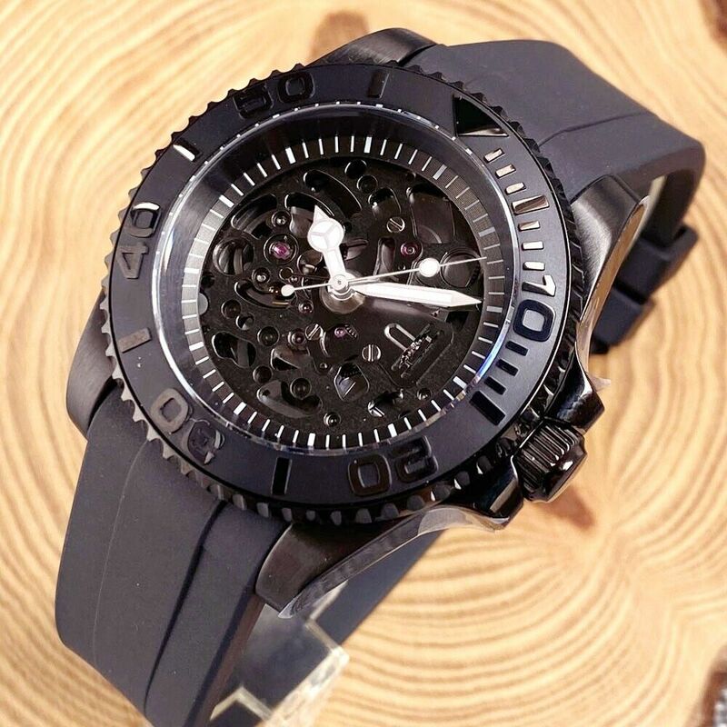 男性用サファイアガラス時計,自動ブラックpvd,スケルトンムーブメント,40mm,nh72