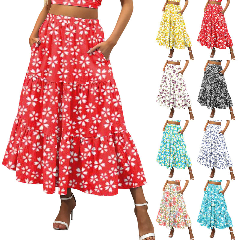 2024 Women's Floral Skirt Bohemian Style Loose Fit Fashionable Elastic Waist Pleated Dress Summer Ankle Length Plus Size Skirts