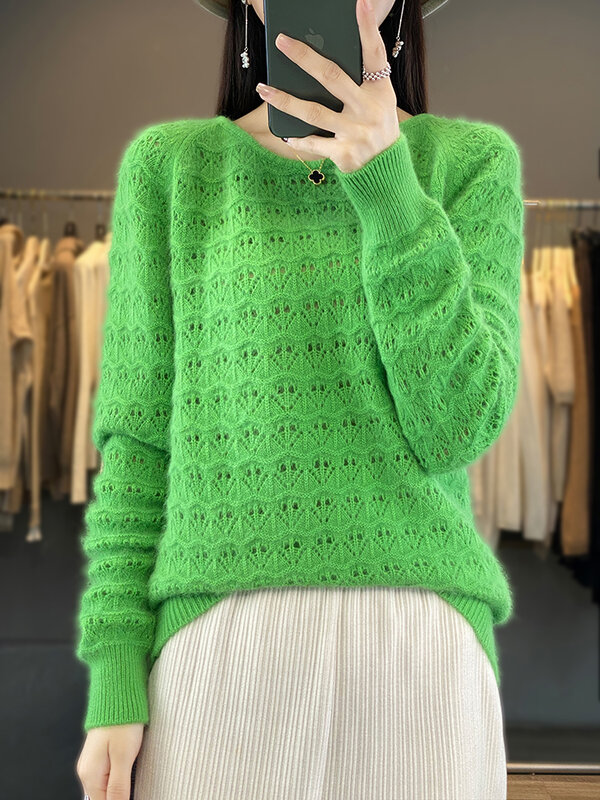 Women's Mink Cashmere Sweater O-Neck Pullover Spring Autumn New Knitted Top Long Sleeve Jumper Hollow Female Clothing Soft Warm