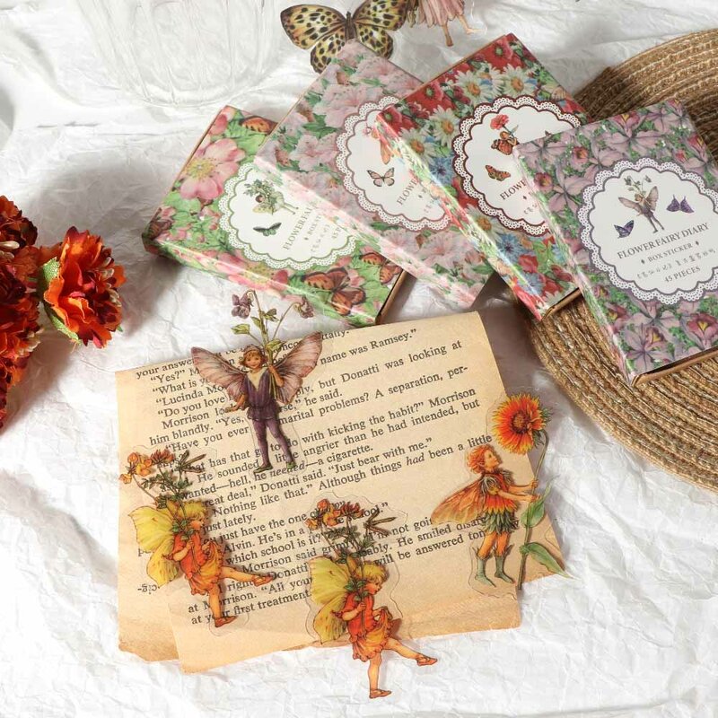 40/45 pz/scatola fata farfalla adesivi impermeabili per animali domestici etichetta decorativa Elfin fiore Vintage per diario Scrapbooking