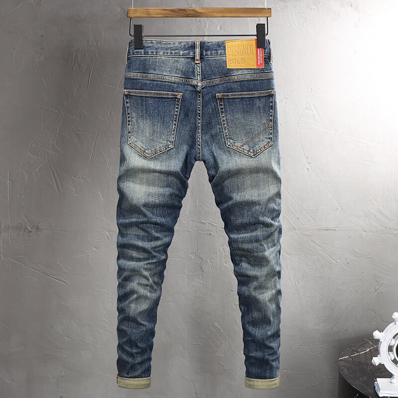 Джинсы мужские стрейчевые, винтажные брюки из денима, потертые, синие, с вышивкой, стиль ретро, повседневные