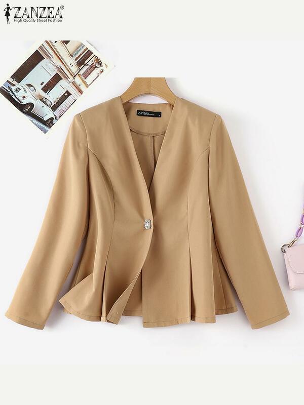 Office Lady Suits 2023 Autumn ZANZEA Women Blazer Casual V-neck Solid Color Elegant Coats Vintage Long Sleeve Pleated Outerwear