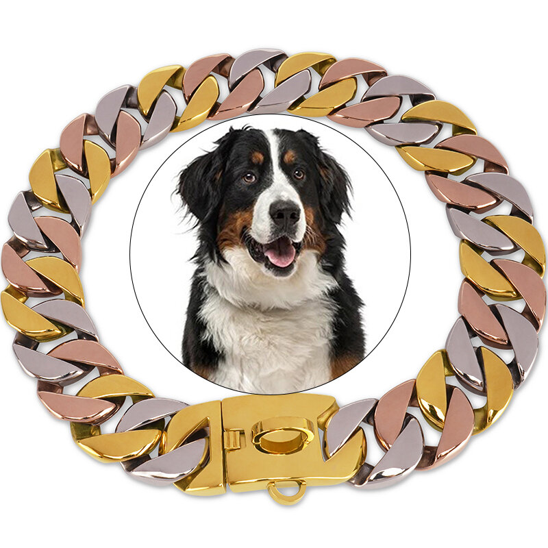 Collar de cadena de acero inoxidable para mascotas, cadena dorada de 32mm de ancho para perros grandes, resistente y fuerte a prueba de mordeduras