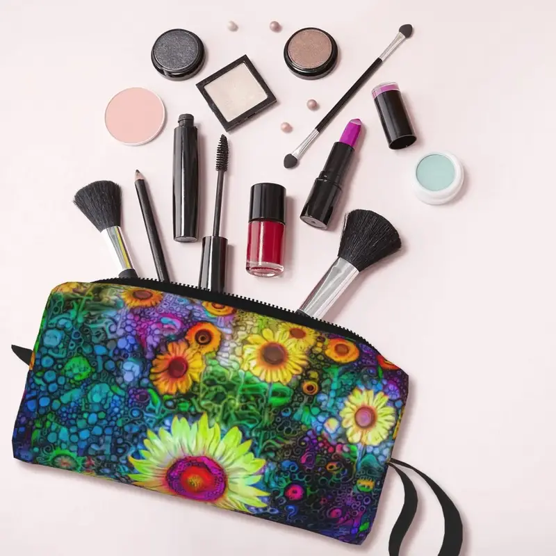 Bolsa de aseo de viaje de girasoles coloridos para mujer, bolsa de cosméticos de maquillaje de flores florales, Kit de almacenamiento de belleza, lindo