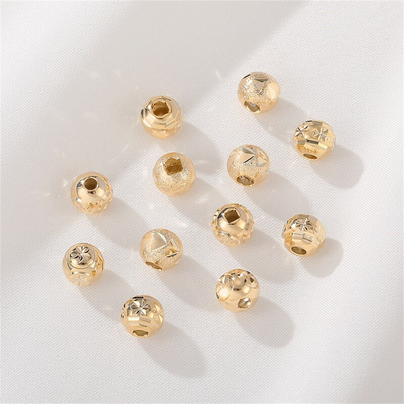 14K manik-manik pola berisi emas manik-manik bundar buram manik-manik longgar buatan tangan DIY gelang manik-manik kalung perhiasan bahan manik