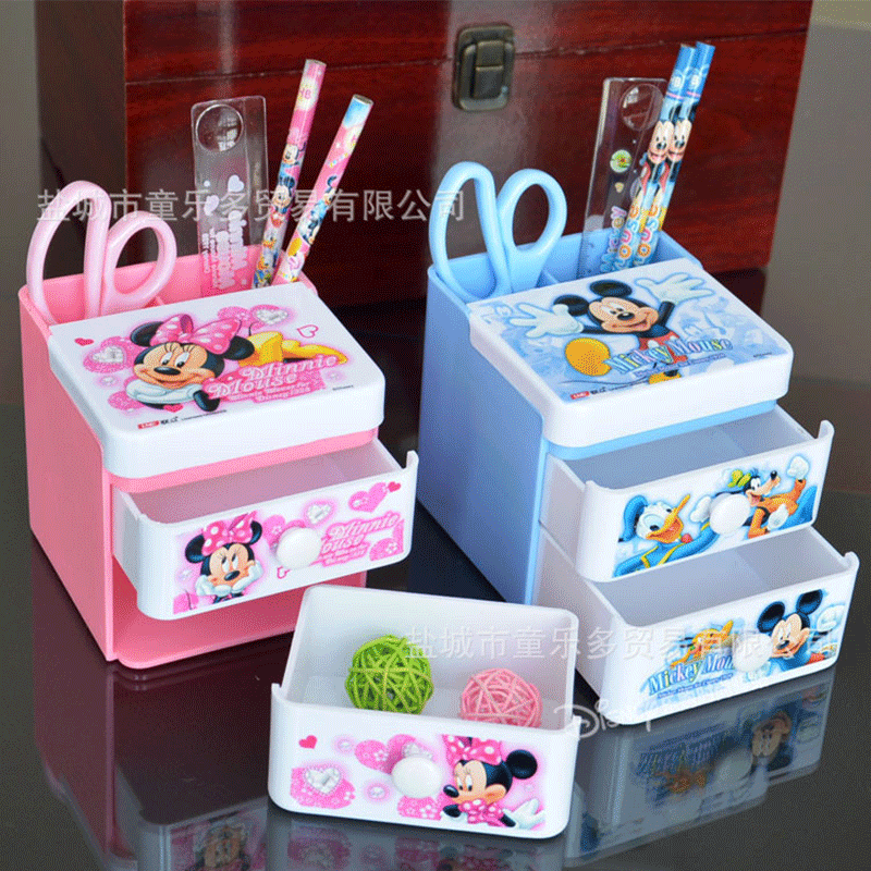 Disney-Juego de papelería de Mickey para estudiantes, cajón de almacenamiento de dibujos animados, soporte para bolígrafos, caja de almacenamiento de adorno de escritorio, regalo para el día del estudiante abierto
