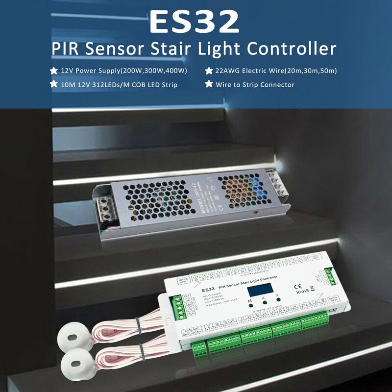 PIR Sensor Stair Light Controller, Infravermelho Interruptor Indutivo, Passo Controle da Lâmpada, Corpo Humano, Cor Única, RGB Faixa, 32CH, ES32
