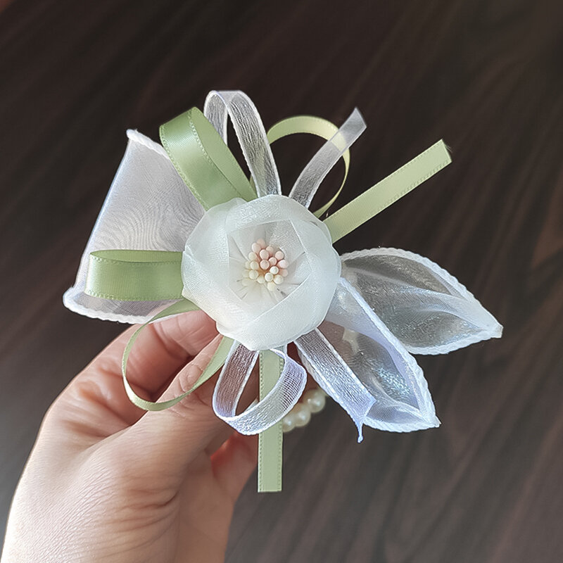 Druhna bransoletka z kwiatem ślubna na nadgarstek wstążka materiałowa perła kokardka Bridel kwiaty na nadgarstek ręcznie kwiaty na imprezę bal akcesoria wystrój
