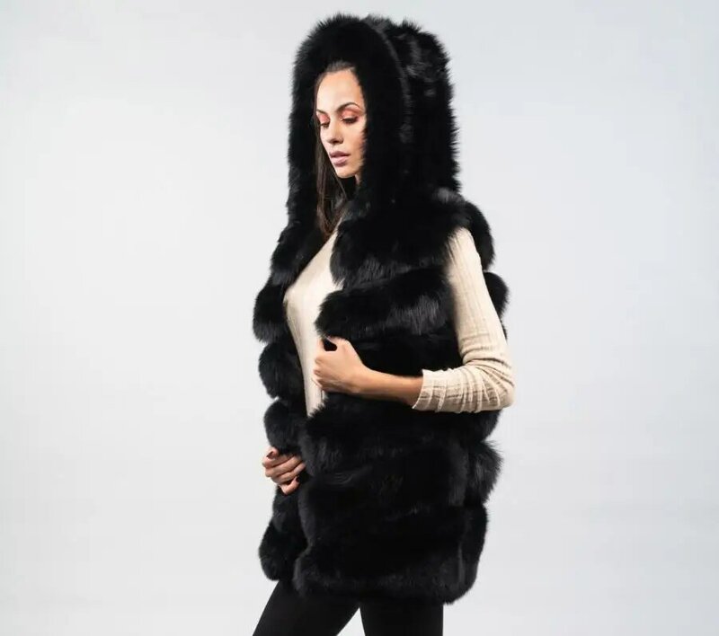 2023 Top Quality Warm Pure Color Black Real Fur Vest Natural Fox Fur Hooded Thickness Manteau Femme Hiver Sleeveless Real Fur Ja