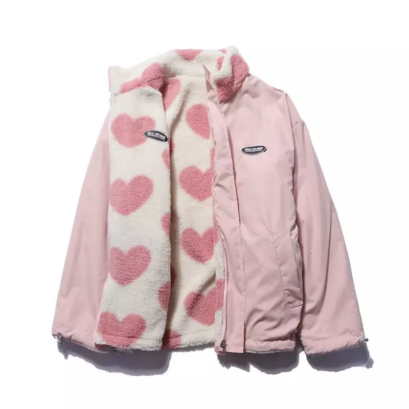 Casaco feminino dupla face forma de coração, jaqueta de cordeiro, roupas de algodão quente, roupas Y2K Windproof Street, inverno, 2022