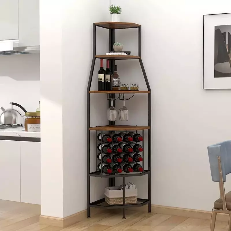 Armoires à vin d'angle à 5 niveaux, plancher autoportant T1 avec porte-verre et stockage de vin HI pour la maison, armoires à vin