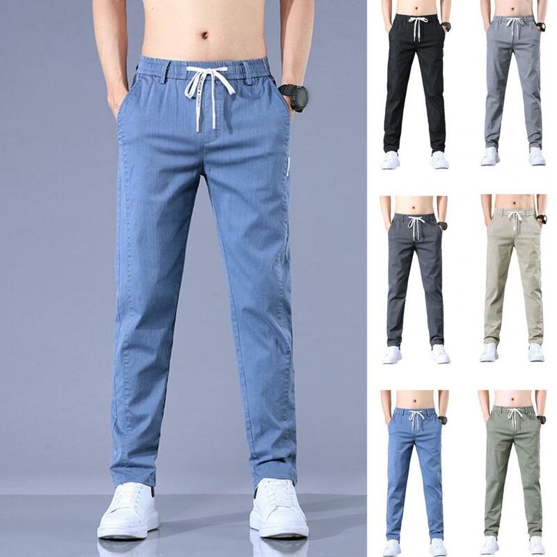 Pantalones de pierna recta para hombre, pantalones de diseño con cordón, cintura elástica, ajuste delgado con bolsillos, suaves, informales