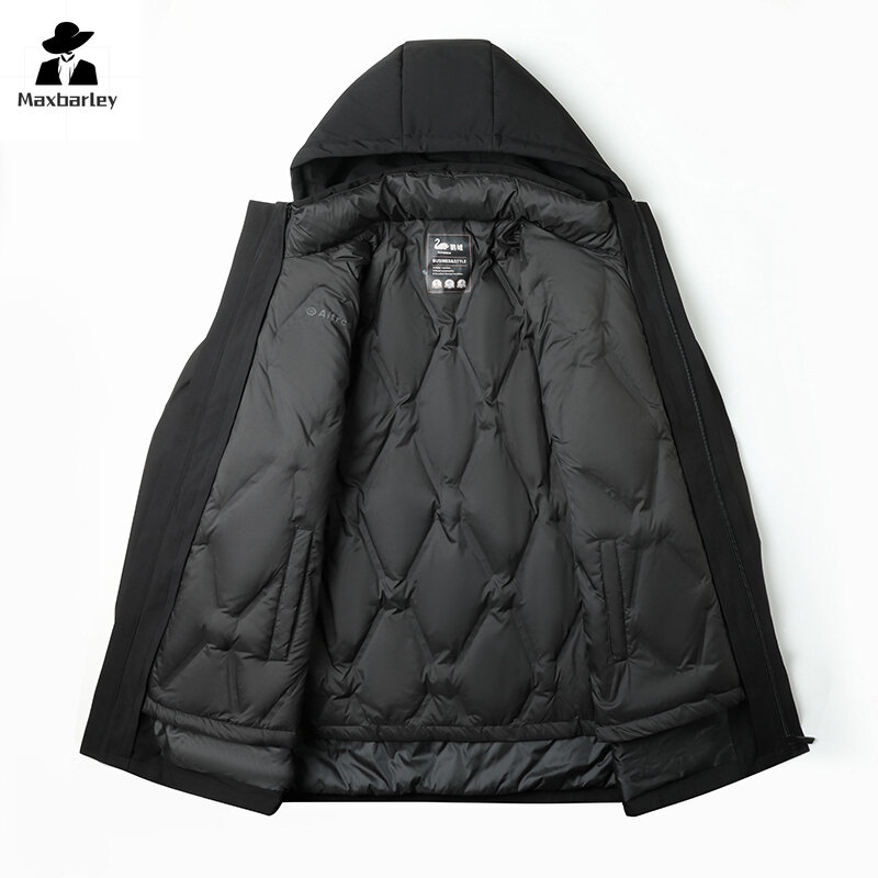 Jaket bulu angsa pria baru 2024 jaket panjang menengah hangat tahan angin pria mantel bertudung dengan lapisan bulu angsa mewah musim dingin