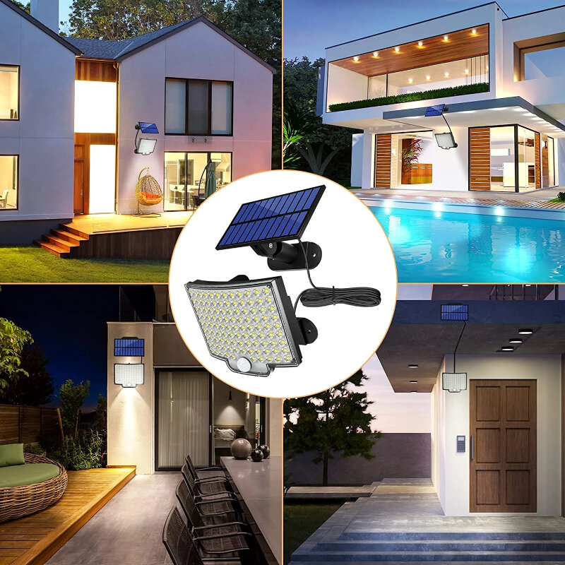 Luz solar ao ar livre com sensor de movimento, holofote impermeável, controle remoto, 3 modos, pátio, garagem, quintal, 106LED