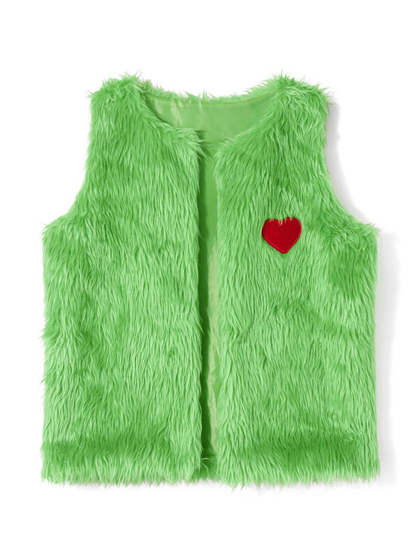 Women’s Faux Fur Vest Sleeveless Round Neck Heart Embroidery Coat Winter Warm Jacket Christmas Costume