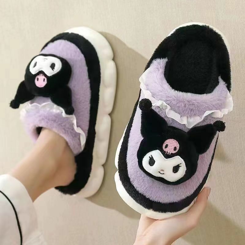 Sanrio Kuromi Hello Kitty chinelos para mulheres, chinelos de algodão fuzzy, sapatos quentes, veludo, fofo, Cinnamoroll My Melody, presentes para casa, inverno