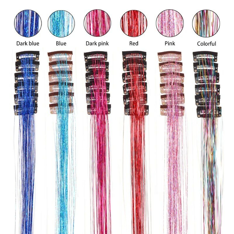 50Cm Length Tinsel Hair With Clip On Rainbow Strands Fake Hair Extensions For Girls Colored Dazzles Hippie Braiding Headdress