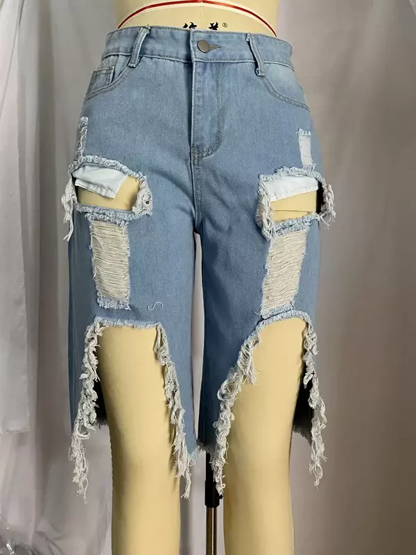 Sexy Ripped Hole Knee Length Baggy Denim Shorts Women Loose Straight Short Jeans Indie Fashion 2023 Plus Size Shorts Streetwear