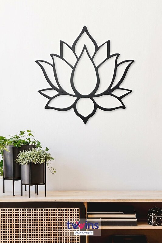 Gemelos decorativos flor de loto corte láser Metal decoración de pared negro Yoga