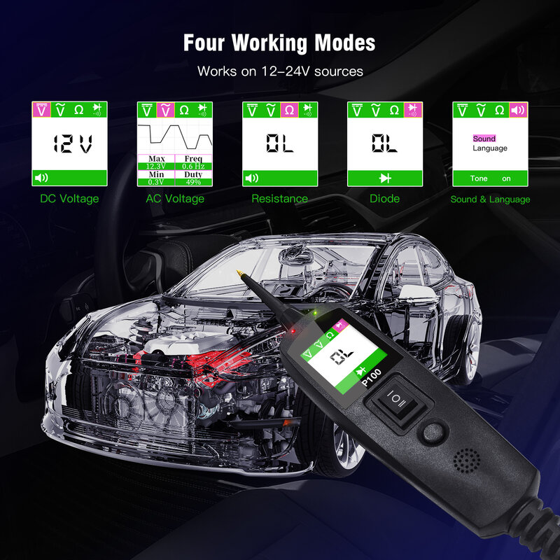 TopDiag-Carro Tester Circuito Elétrico, Energia Automotiva Scan Probe Kit Circuito, Bateria Tester Ferramenta de Diagnóstico, 12V, 24V, P100, 2m