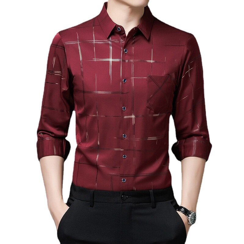 Camisas de vestir de Argyle para hombre, camisa de negocios ajustada de manga larga de alta calidad, cuello vuelto, rayas, prefabricadas, nuevo