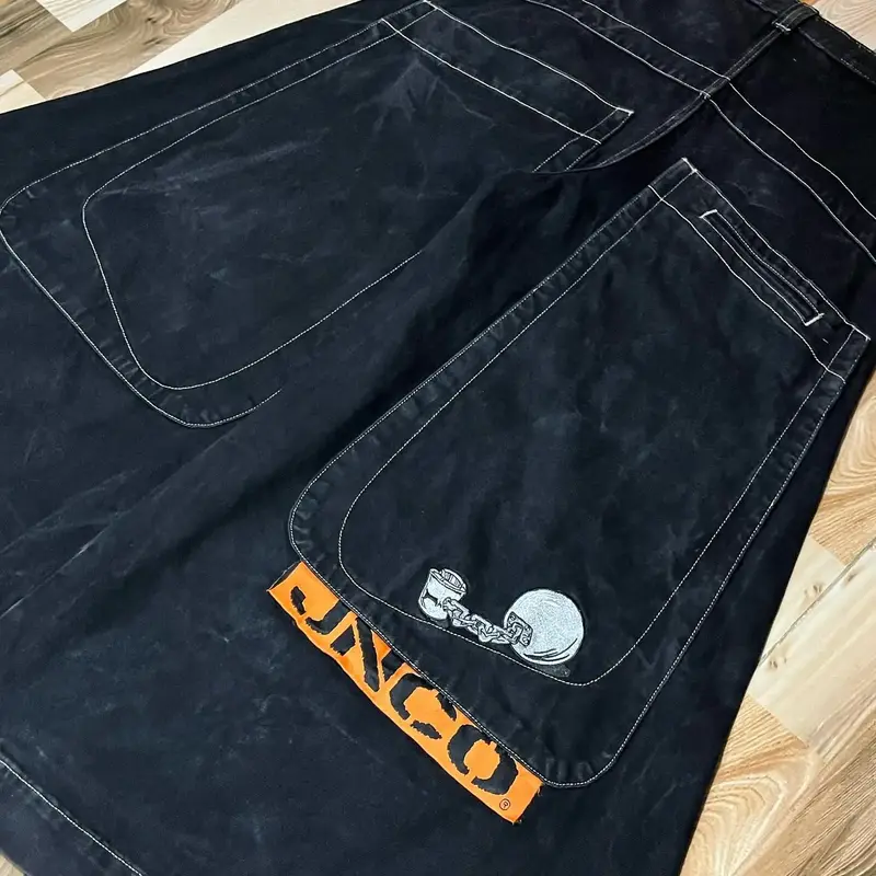 JNCO กางเกงยีนส์ทรงหลวมสไตล์ฮิปฮอป, กางเกงยีนส์ Y2K สีดำมีกระเป๋ากางเกงฮาราจูกุใหม่กางเกงขากว้างเอวสูงแบบกอธิค
