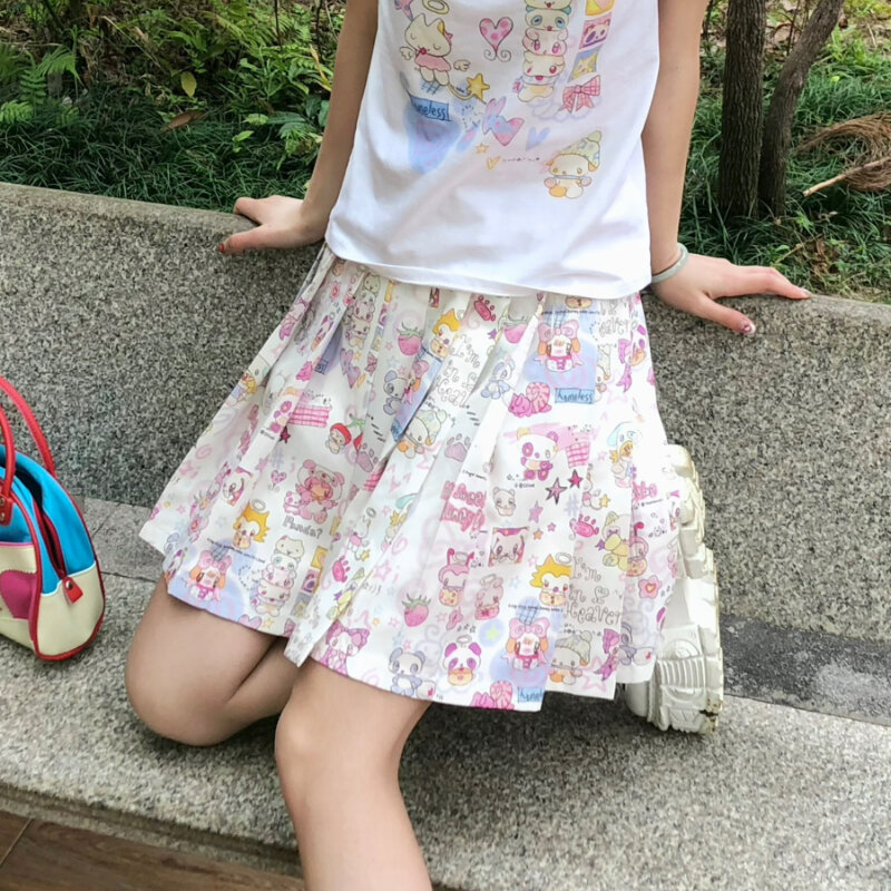 Japanese Harajuku Y2k Lolita Mini Skiirt Women Gothic Streetwear Cartton Print Pleated Skirts Kawaii Sweet Cute High Waist Skirt