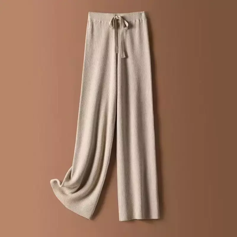 Autumn and winter warm loose wide leg pants women's white soft elastic knitted pants high waist floor dragging casual pants