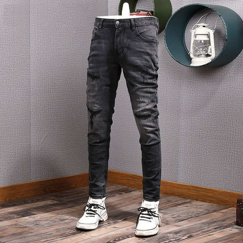 Джинсы мужские Стрейчевые в стиле ретро, модные рваные джинсы Slim Fit, винтажные дизайнерские штаны из денима, Черные Серые