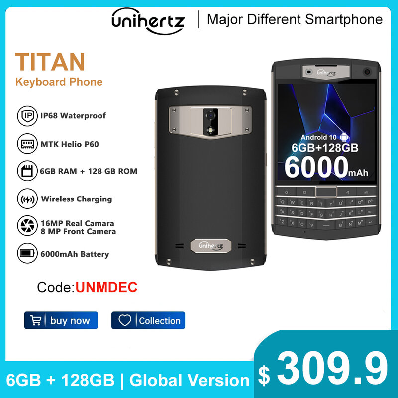 Unihertz تيتان ثماني النواة وعرة الهاتف الذكي 4G 6GB 128GB أندرويد 10 QWERTY لوحة المفاتيح الهاتف المحمول NFC 6000mAh 8mp 16MP الهاتف المحمول