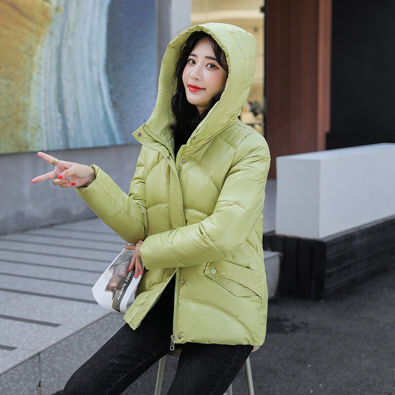 Parka curta solta de algodão feminina com zíper, casaco com capuz, monocromático, bolso grande, botão, outono, inverno