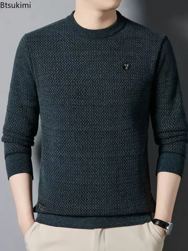 2024 남성용 두꺼운 따뜻한 스웨터, 라운드 넥 캐주얼 스웨터, 풀오버 상의, 단색 플러시 두꺼운 스웨터, 가을 겨울