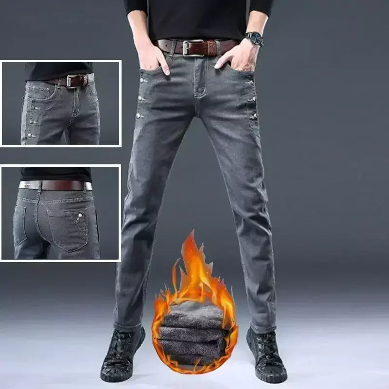Jeans magro de lã de pelúcia masculino, calça grossa, moda coreana, jeans escovado, fina de lã, para outono e inverno