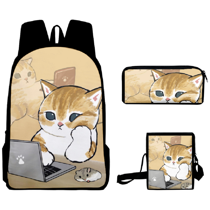 Sac à dos imprimé chat de travail 3D Harajuku, sac à livres pour étudiants, sac à dos pour ordinateur portable, trousse à crayons, nouveauté, 3 pièces, ensemble
