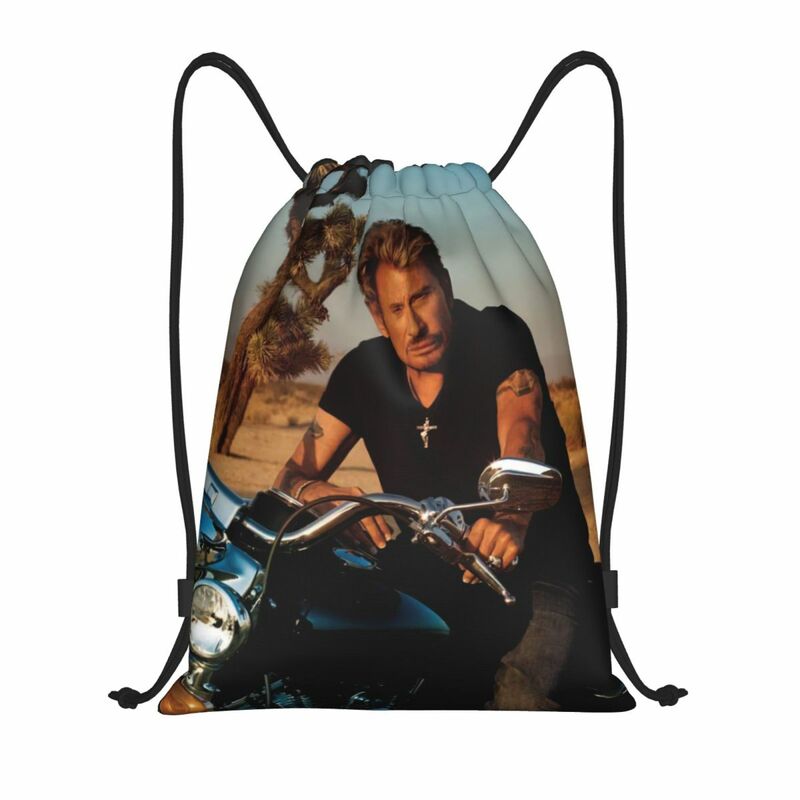 Motocicleta Johnny Hallyday Drawstring Bag para homens e mulheres, mochila esportiva portátil de ginástica, cantor francês, mochilas de treinamento
