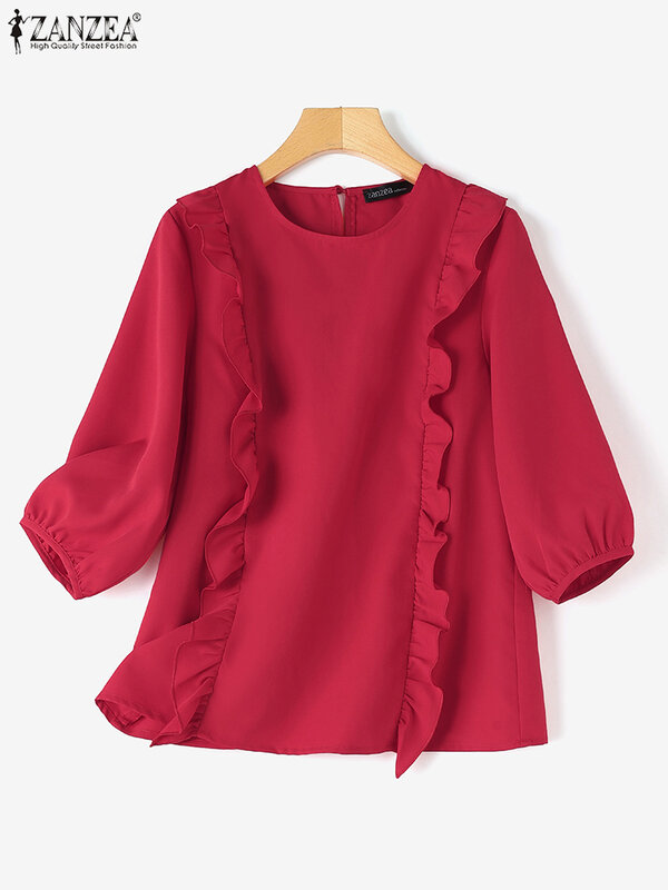 ZANZEA-blusa feminina com babados, tops 3/4 de manga lanterna, camisa sólida com gola redonda, camisa vintage, túnicas de senhora do escritório, verão e primavera, 2022