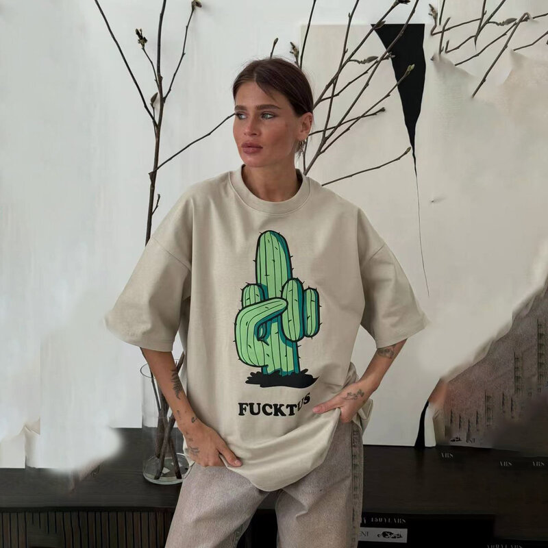 Camiseta feminina americana picante de manga curta, moda verão Instagram, senso de design de marca, tamanho pequeno e solto, cacto estampa