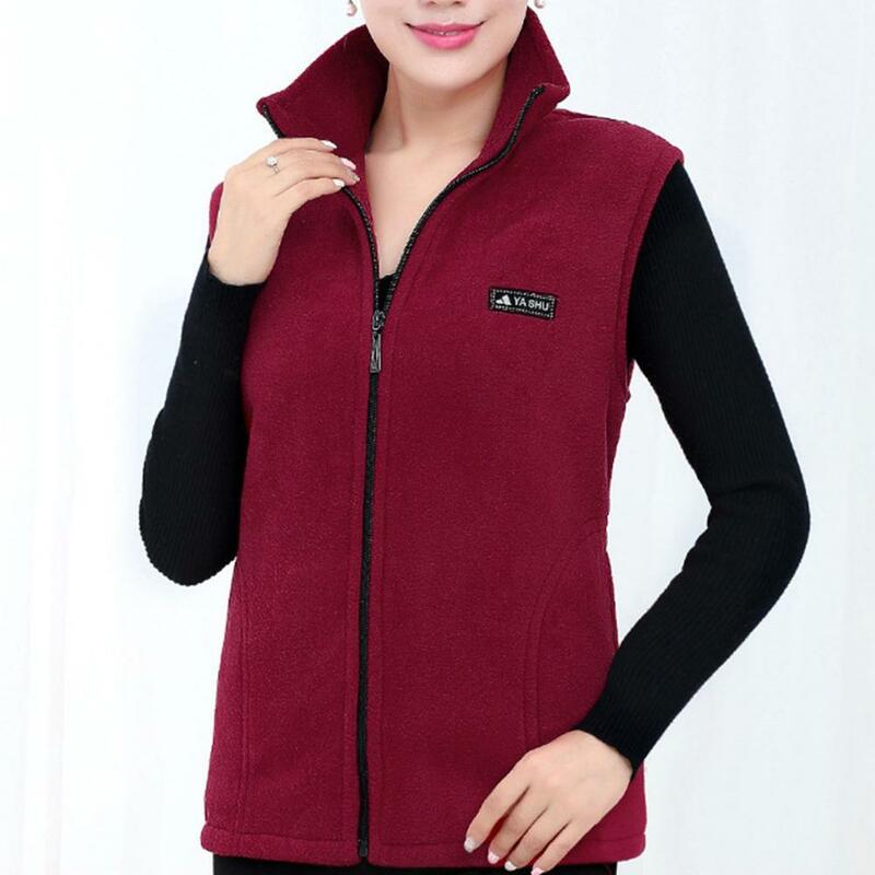 Women Winter Vest Plush Waistcoat Mid-aged Mother Waistcoat Warm Stylish Vest with Stand Collar Zipper Closure Soft for Winter