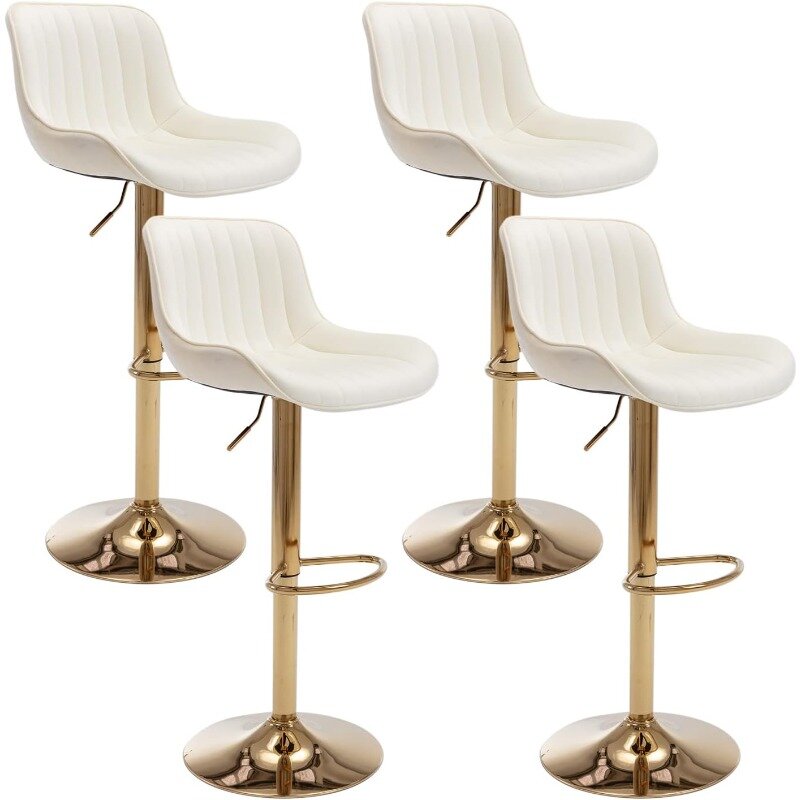 Zestaw 4 stołków barowych Kiztir Gold Velvet, stołki barowe o regulowanej wysokości z oparciem i podnóżkiem, złote obrotowe stołki barowe