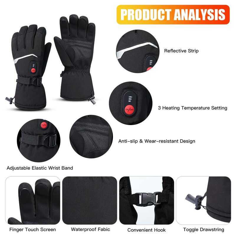 Luvas aquecidas touchscreen para homens e mulheres, aquecedores de mão recarregáveis, aquecimento resistente à água, bateria motorizada, 7.4v, inverno