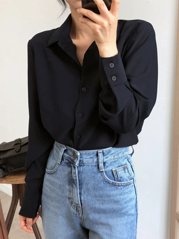 Blusa de Chiffon preta sólida feminina, manga comprida, camisa casual, estilo coreano BF, tops chiques, verão, nova chegada, T0