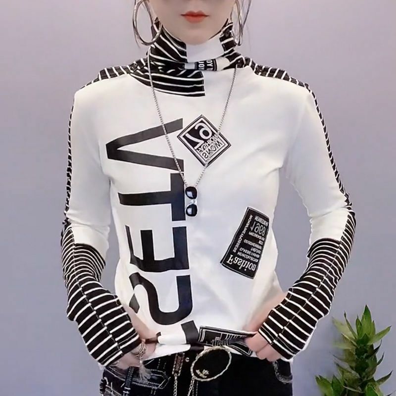 Модная Повседневная футболка в полоску со сращенными буквами, женская одежда, осень-зима 2023, универсальные пуловеры, корейские футболки