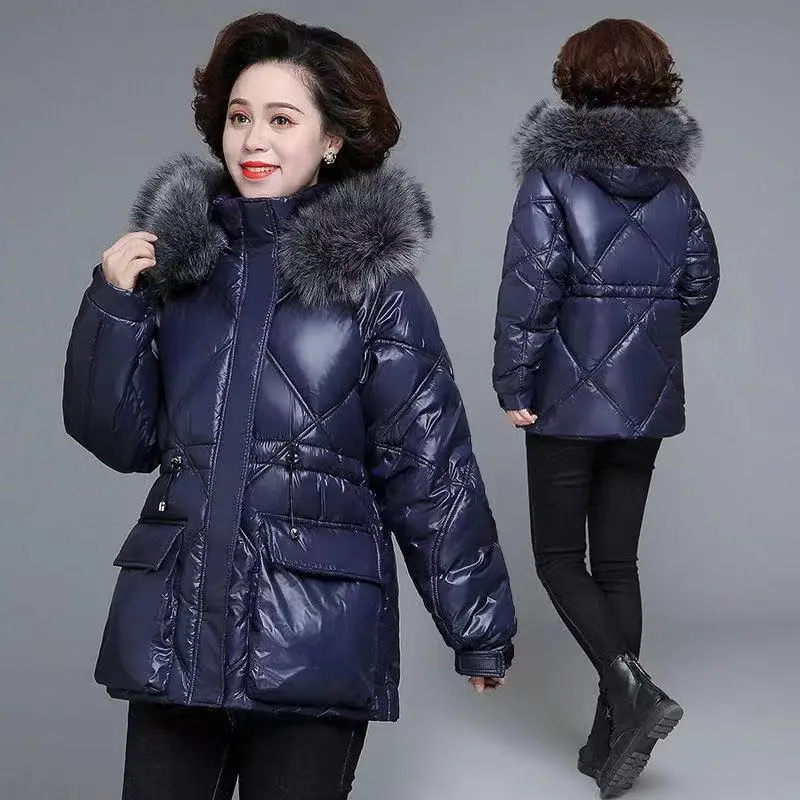 Women's Down Cotton Jacket Autumn Winter 2023New Fashion Thicken Loose Glossy Coat Hooded Fur Collar Black 4XL Outerwear Female