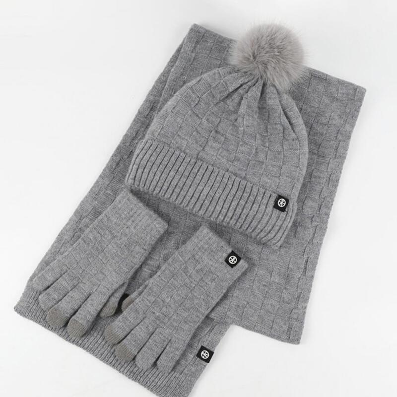 Hat Scarf Gloves Set 3-piece Winter Beanie Hat Scarf Touchscreen Gloves Set for Women Plush Ball Decor Fleece Lining Warm Knit