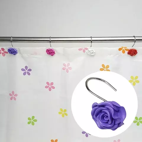 12Pcs/set Shower curtain Hooks Rose Design Resin Hooks Rod Clips Window Shower Clamps Bath curtain Ring Buckle Accessories