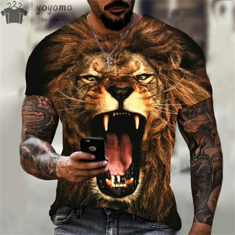 แฟชั่นใหม่เสื้อยืดพิมพ์ลาย3D สิงโตสำหรับผู้ชายและผู้หญิงเสื้อลายสิงโตแขนลำลองขาสั้นเสื้อยืดคอกลมทรงโอเวอร์ไซส์สำหรับฤดูร้อน